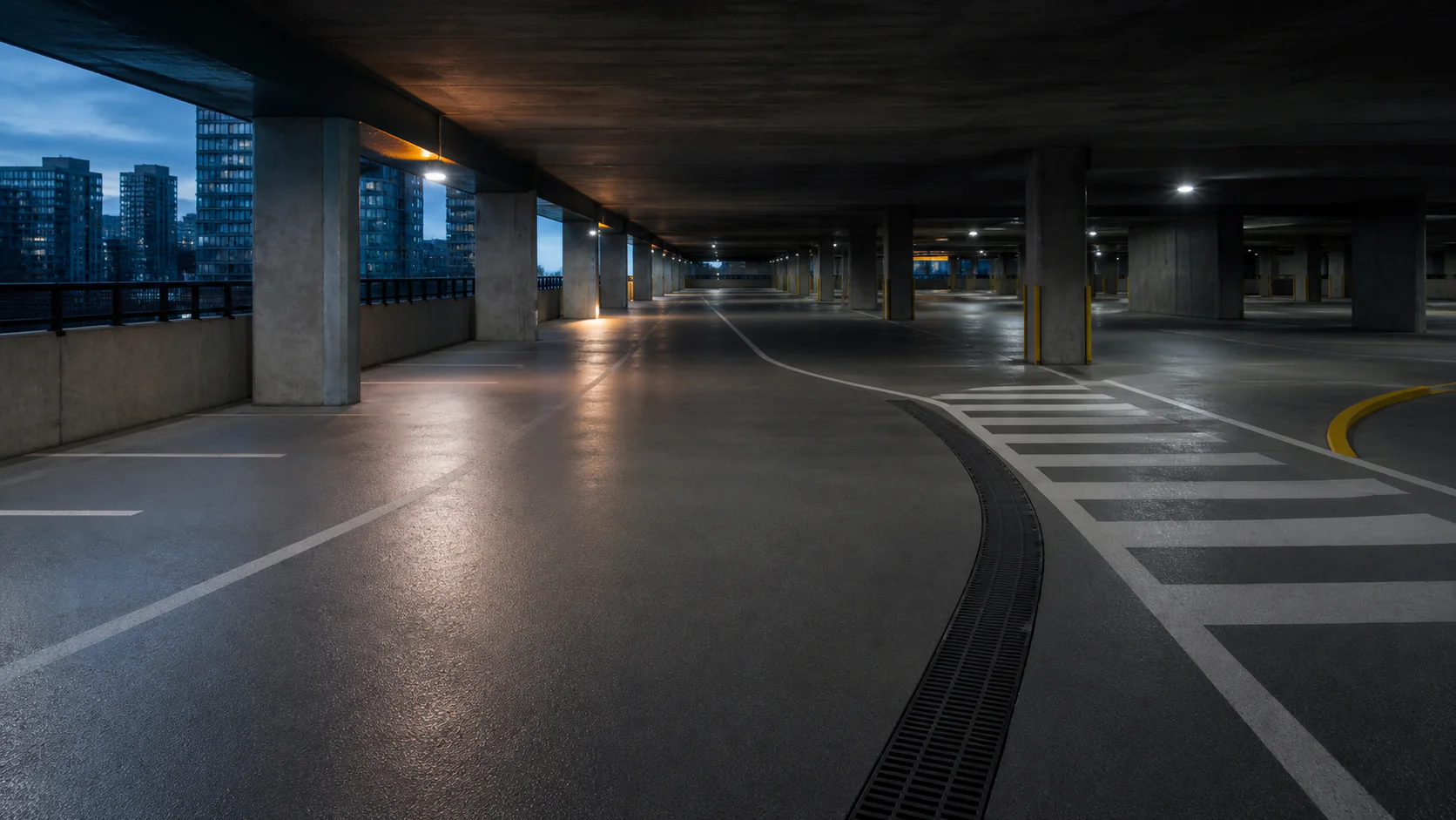 Finished commercial parkade floor with drainage, pedestrian markings and concrete columns in Burnaby