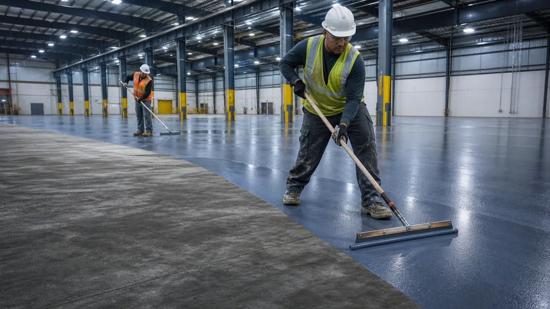 Commercial floor-coating installation showing the prepared slab and active coating boundary